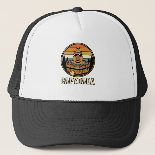 Capydada Capybara Dad Retro Hot Tub Vector Design_ Trucker Hat (Front)