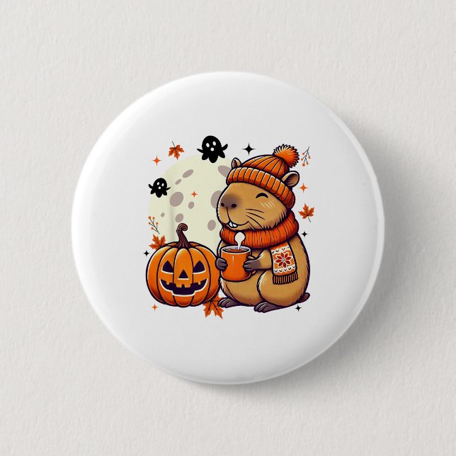 Capyra Drinking Coffee Halloween Fall Season Thank Button (Front)