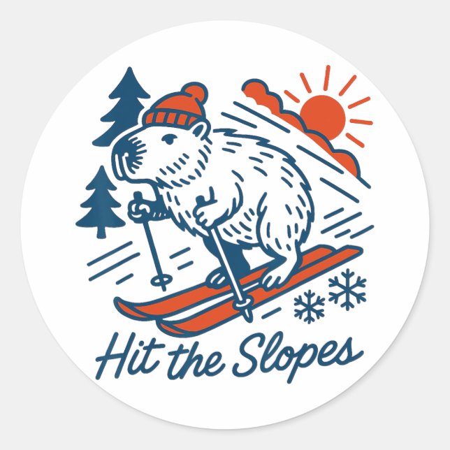 Capyra Shredding The Slopes Winter Mountain Skiing Classic Round Sticker (Front)