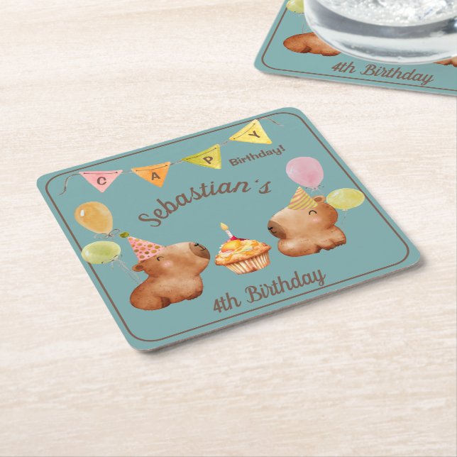 Capy's Cutest Birthday Fiesta Square Paper Coaster (Angled)