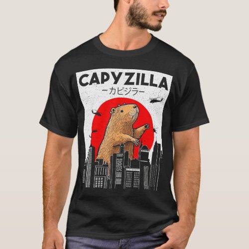 Capyzilla Funny Capybara Japanese Sunset Rodent   T_Shirt