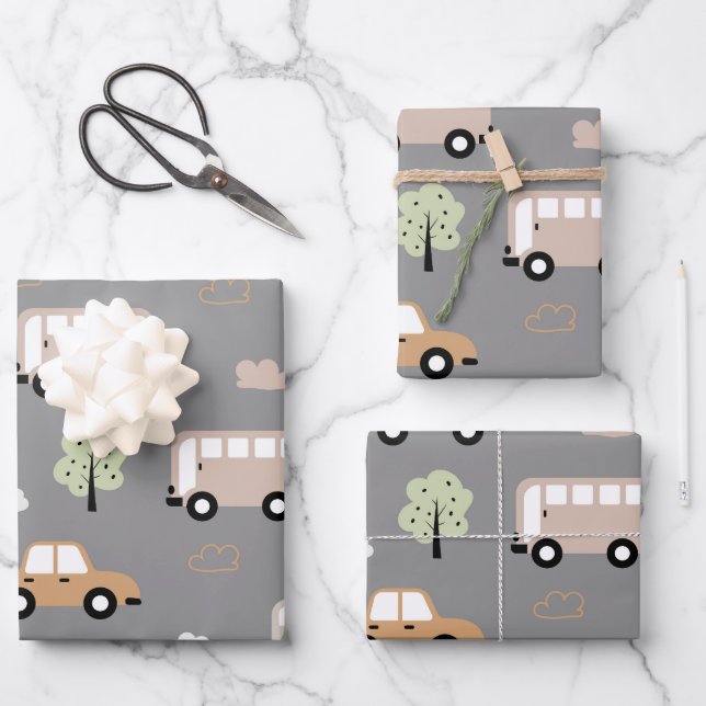  Car and Bus Pattern Wrapping Paper Sheets (Front)