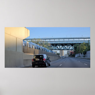 Car and Train Along Highway Poster