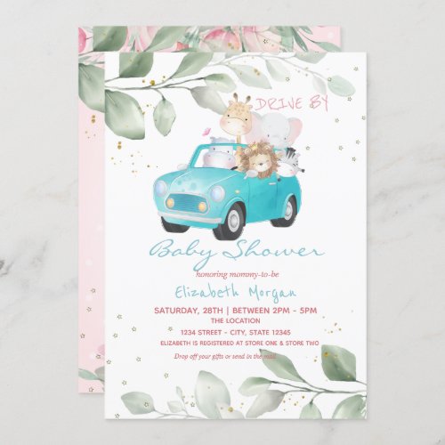 Car Animals Dots Floral Drive By Baby Shower Invitation