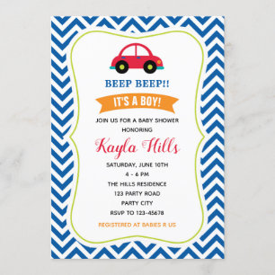 Car Baby Shower Invitation (Blue Red Green)