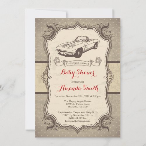 Car Baby Shower Invitation Vintage Retro