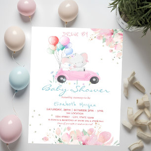 Car Balloons Dots Floral Drive By Baby Shower Invitation