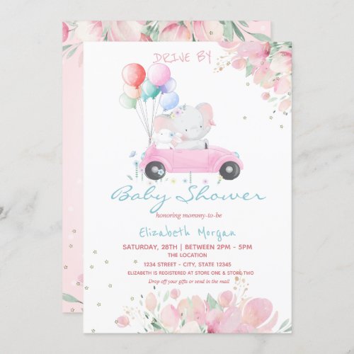 Car Balloons Dots Floral Drive By Baby Shower Invitation