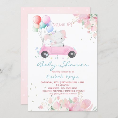 Car Balloons Floral Drive By Baby Shower Invitation
