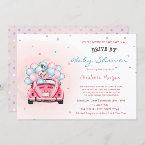 Car Balloons Stars Drive By Baby Shower Invitation