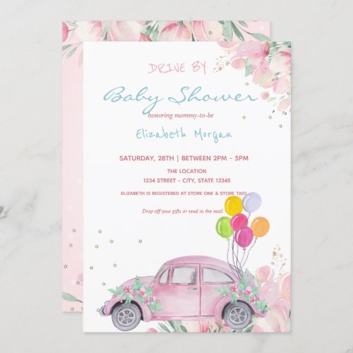 Car Balloons Stars Floral Drive By Baby Shower Invitation