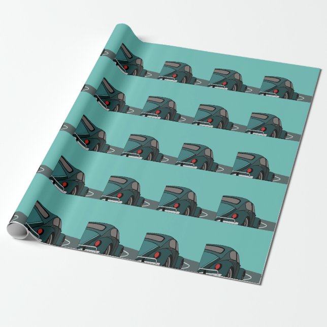 Car Blue Classic Car Birthday Wrapping Paper (Unrolled)