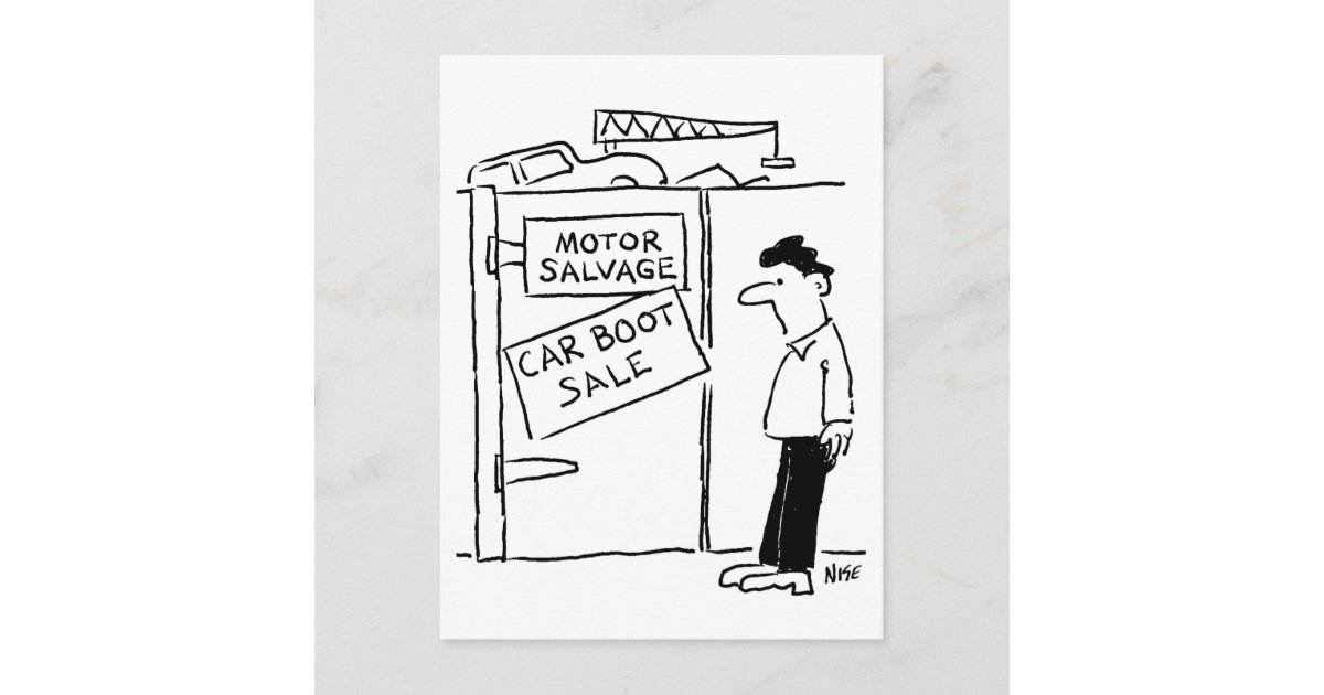 Car Boot Sale at Scrapyard Cartoon Postcard | Zazzle Car Boot Sale at Scrapyard Cartoon Postcard | Zazzle