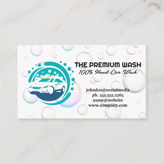 Car Cleaning Logo | Soap Bubbles Business Card (Front)