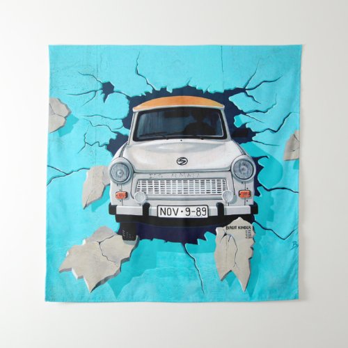 Car Crashing through Brick Wall Graffiti Art Tapestry