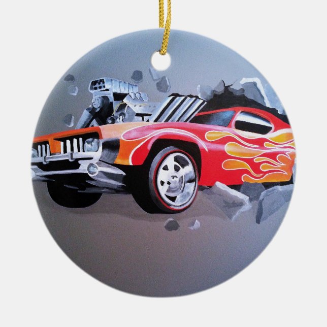 Car Crashing Through Wall Ceramic Ornament (Front)
