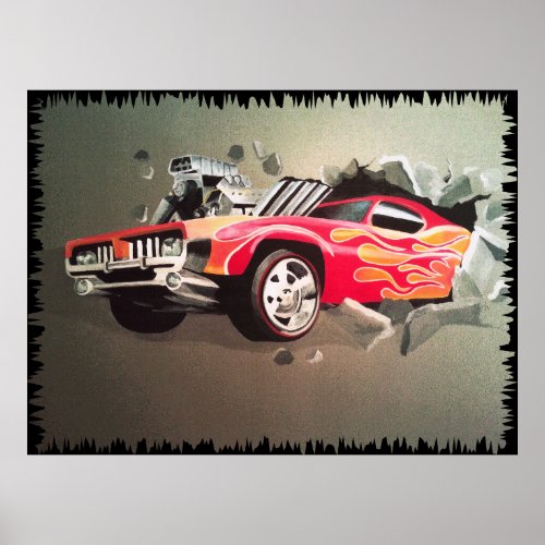 Car Crashing Through Wall Cloth Placemat Poster