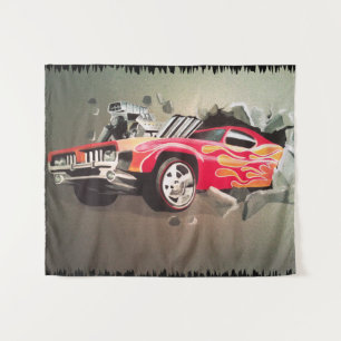 Car Crashing Through Wall Tapestry