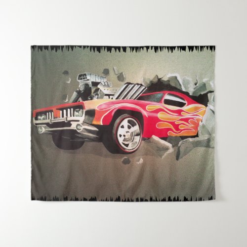 Car Crashing Through Wall Tapestry