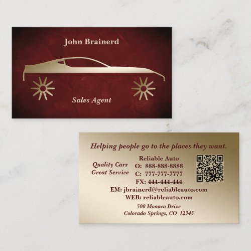 Car Dealership Velvet Crimson Red & Gold QR Code  Business Card