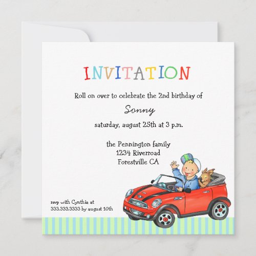 Car dog driver boys birthday party invitation