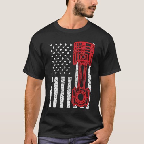 Car Enthusiast American Flag Piston Muscle Car T_Shirt