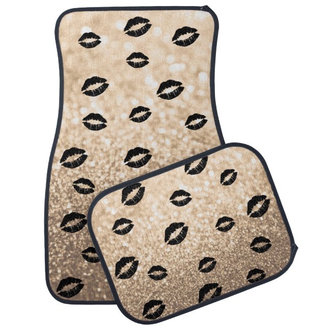 Car Floor Mats - Black Kiss Lips Gold Glitter (Set)