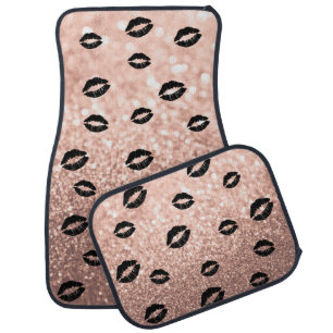 Car Floor Mats - Black Kiss Lips Rose Gold Glitter