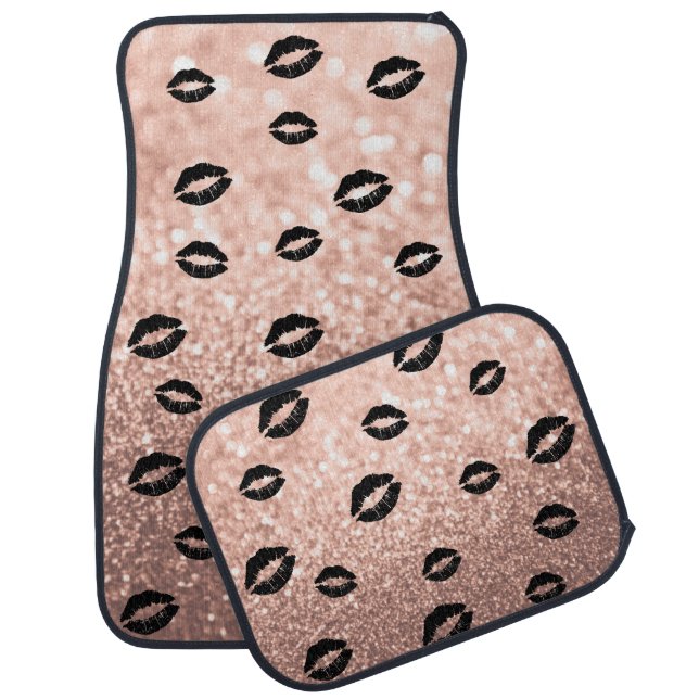 Car Floor Mats - Black Kiss Lips Rose Gold Glitter (Set)