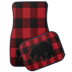 Car Floor Mats Red Buffalo Plaid Bear Black