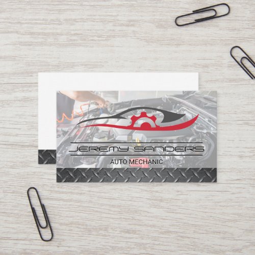 Car Gears Logo  Mechanic Working on Engine Business Card