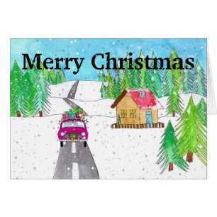 Car in Snowy Forest Customizable  Cards