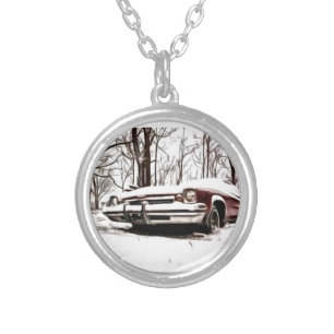 car in the snow silver plated necklace