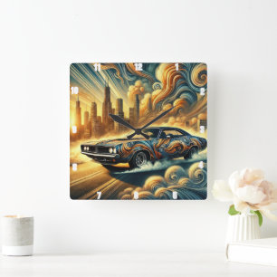 Car-Inspired Abstract Cityscape and Vibrant Design Square Wall Clock