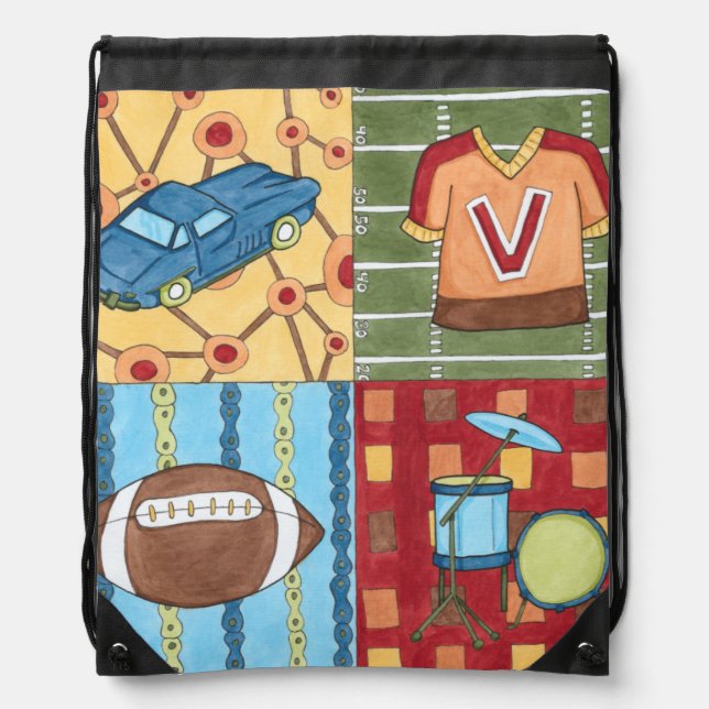 Car, Jersey, Football and Drum Kit Drawstring Bag (Front)