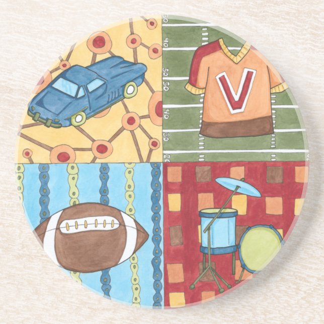 Car, Jersey, Football and Drum Kit Drink Coaster (Front)