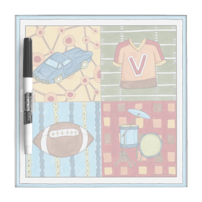 Car, Jersey, Football and Drum Kit Dry Erase Board (Front)