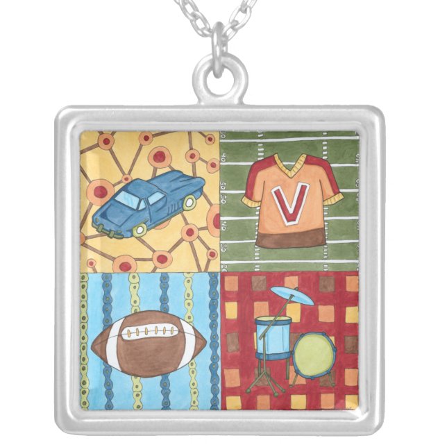 Car, Jersey, Football and Drum Kit Silver Plated Necklace (Front)