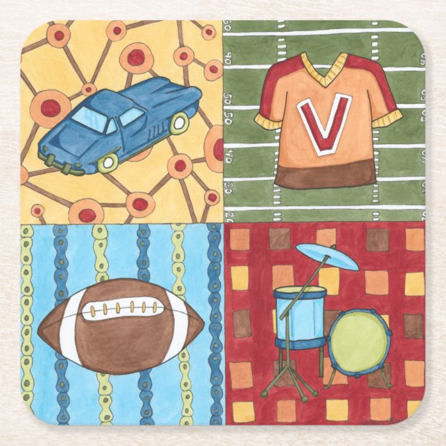 Car, Jersey, Football and Drum Kit Square Paper Coaster (Front)