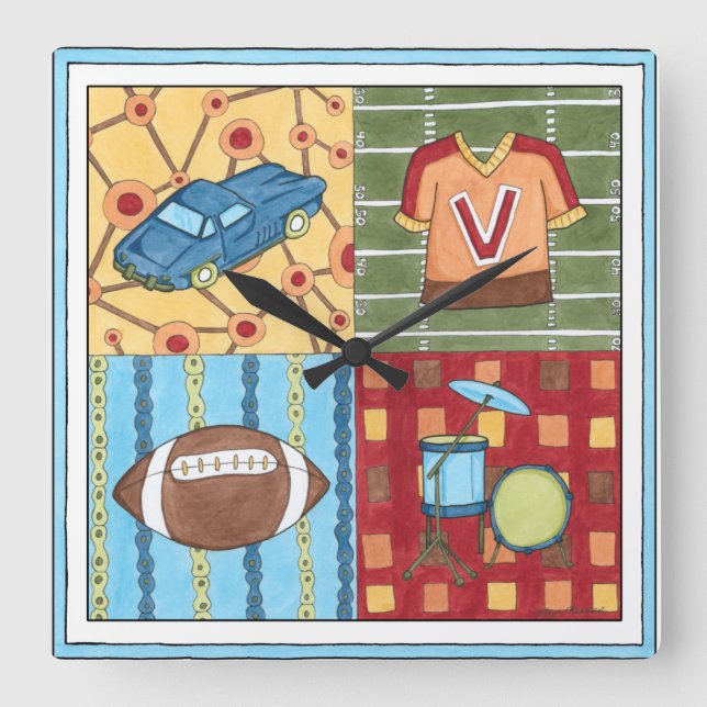 Car, Jersey, Football and Drum Kit Square Wall Clock (Front)