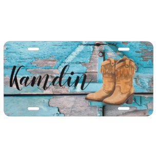 Car License Plate Blue Wood Barn Door Boots Countr