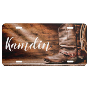 Car License Plate Cowboy Boots Barn Wood Rustic Co