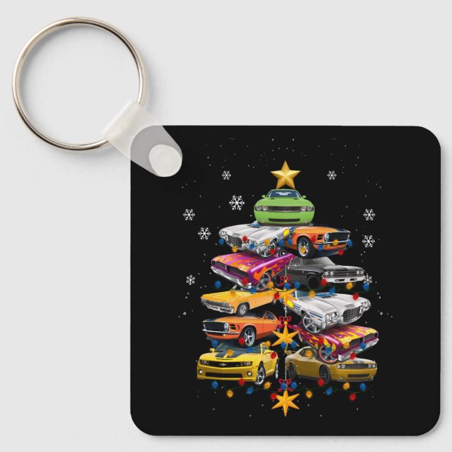 Car Madness Christmas Tree Classic Muscle Cars Xma Keychain (Front)