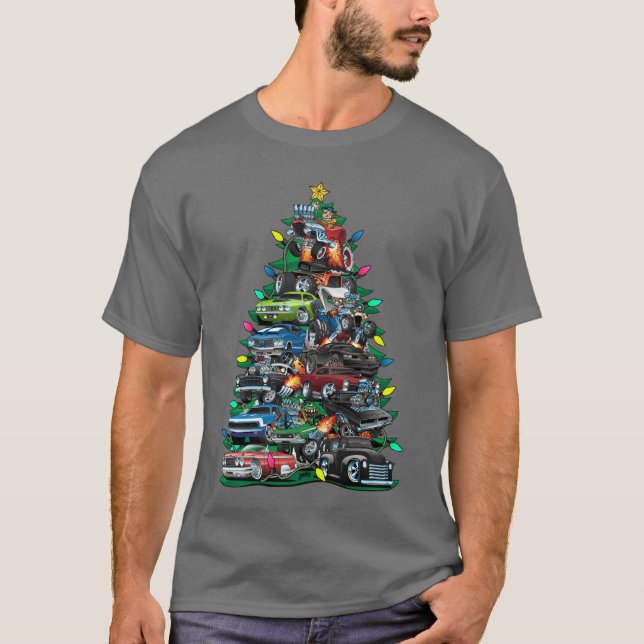 Car Madness Christmasree Classic Muscle Cars and H T-Shirt (Front)