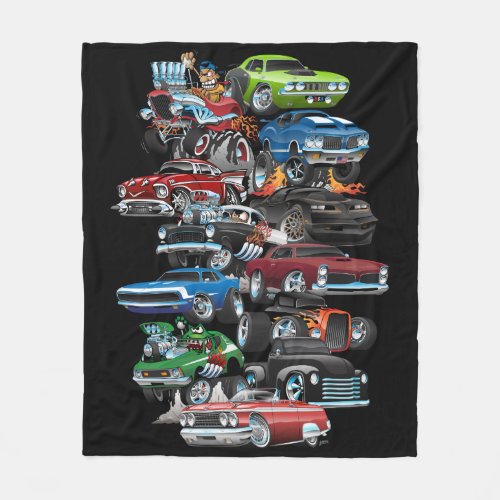 Car Madness Muscle Cars and Hot Rods Cartoon Fleece Blanket