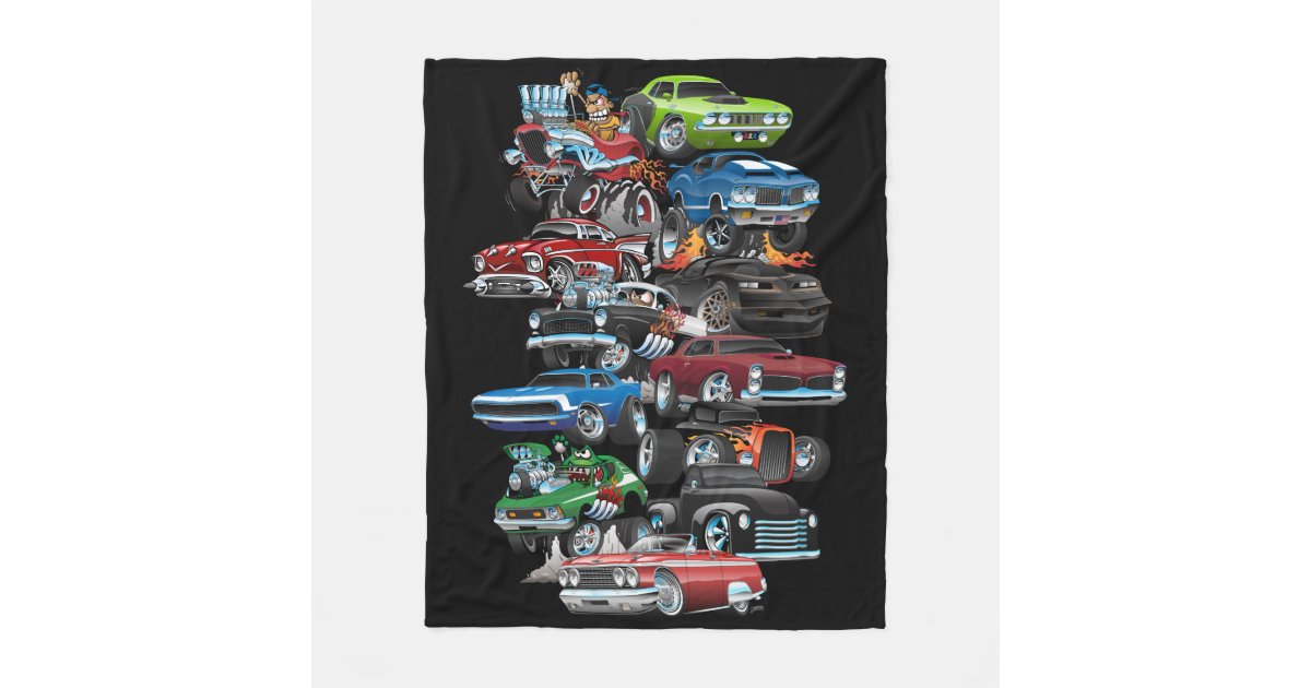 Car Madness Muscle Cars And Hot Rods Cartoon Fleece Blanket