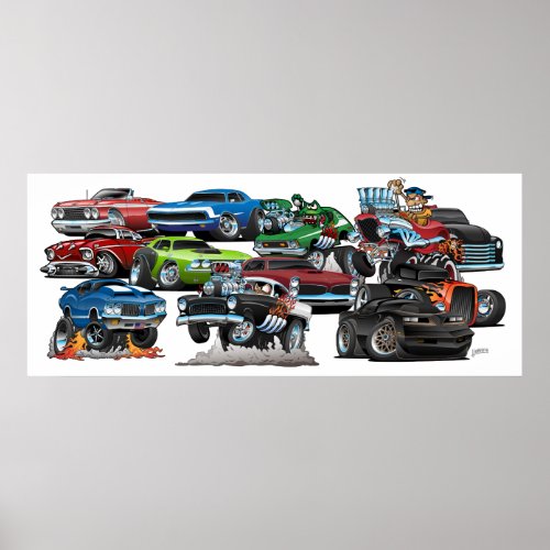 Car Madness Muscle Cars and Hot Rods Cartoon Poster