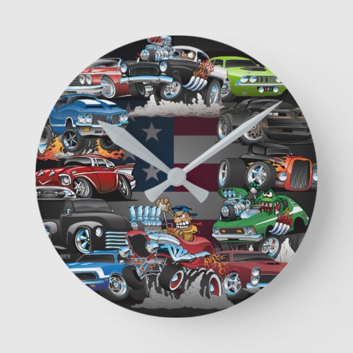 Car Madness Muscle Cars and Hot Rods Cartoon Round Clock