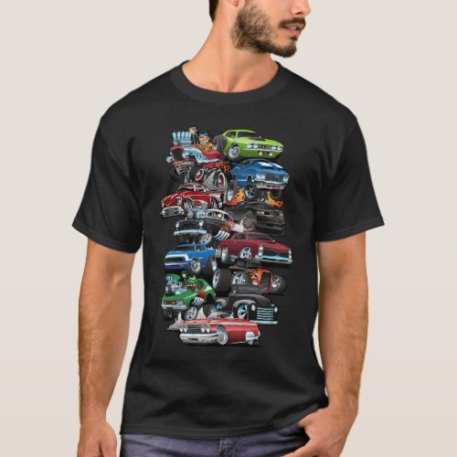 Car Madness Muscle Cars and Hot Rods Cartoon T_Shirt