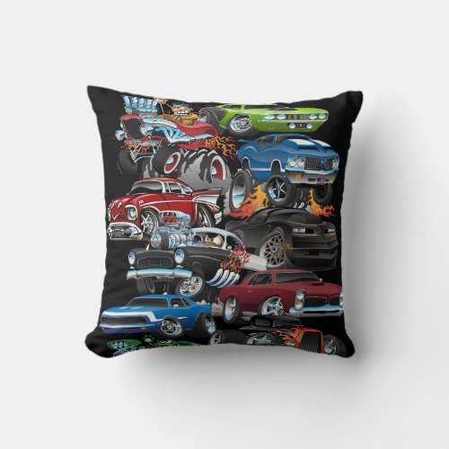Car Madness Muscle Cars and Hot Rods Cartoon Throw Pillow